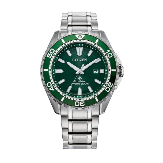 Citizen Mens Eco-Dive Promaster Dive Silver-Tone Stainless Steel Bracelet Watch Green Dial 3 Hand Date