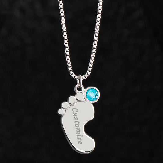 Engraved Baby Feet Necklace with Birthstone