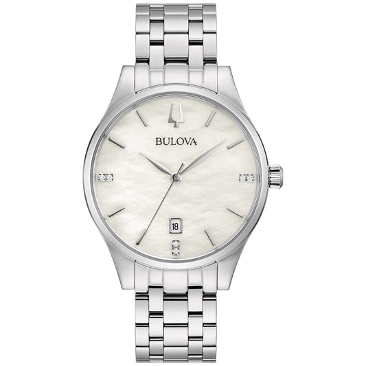 Bulova Ladies Classic Diamond Dial Stainless Steel 3-Hand Calendar Date Quartz Watch White Mother-of-Pearl Style